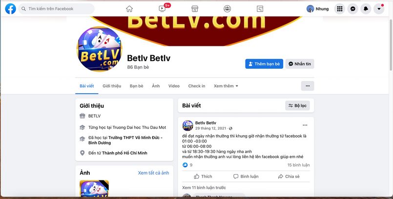 Liên hệ với nhà cái BetLV qua Facebook